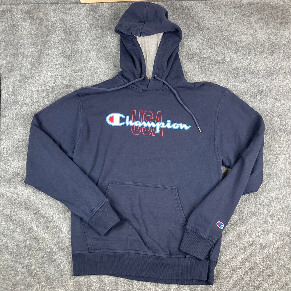 Champion USA Hoodie Mens M Navy Pullover Graphic Logo Pocket